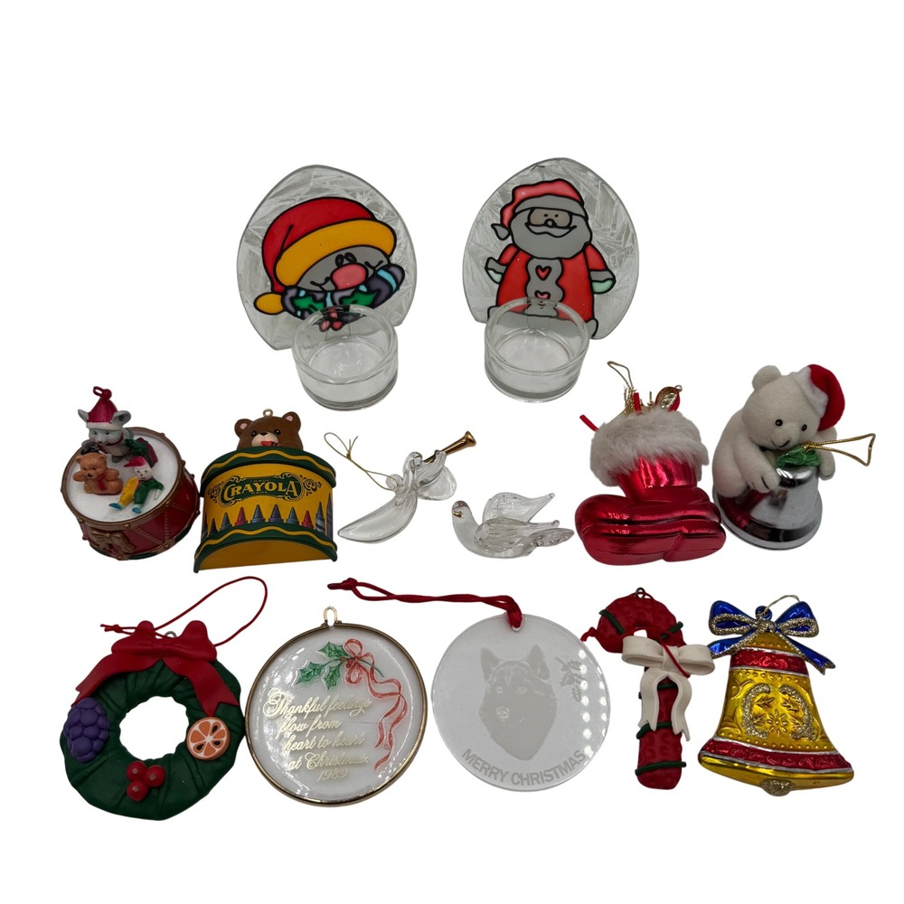 Vintage Christmas Ornament & Decor Lot 13pc Crayola Hallmark Teddy Bear Santa